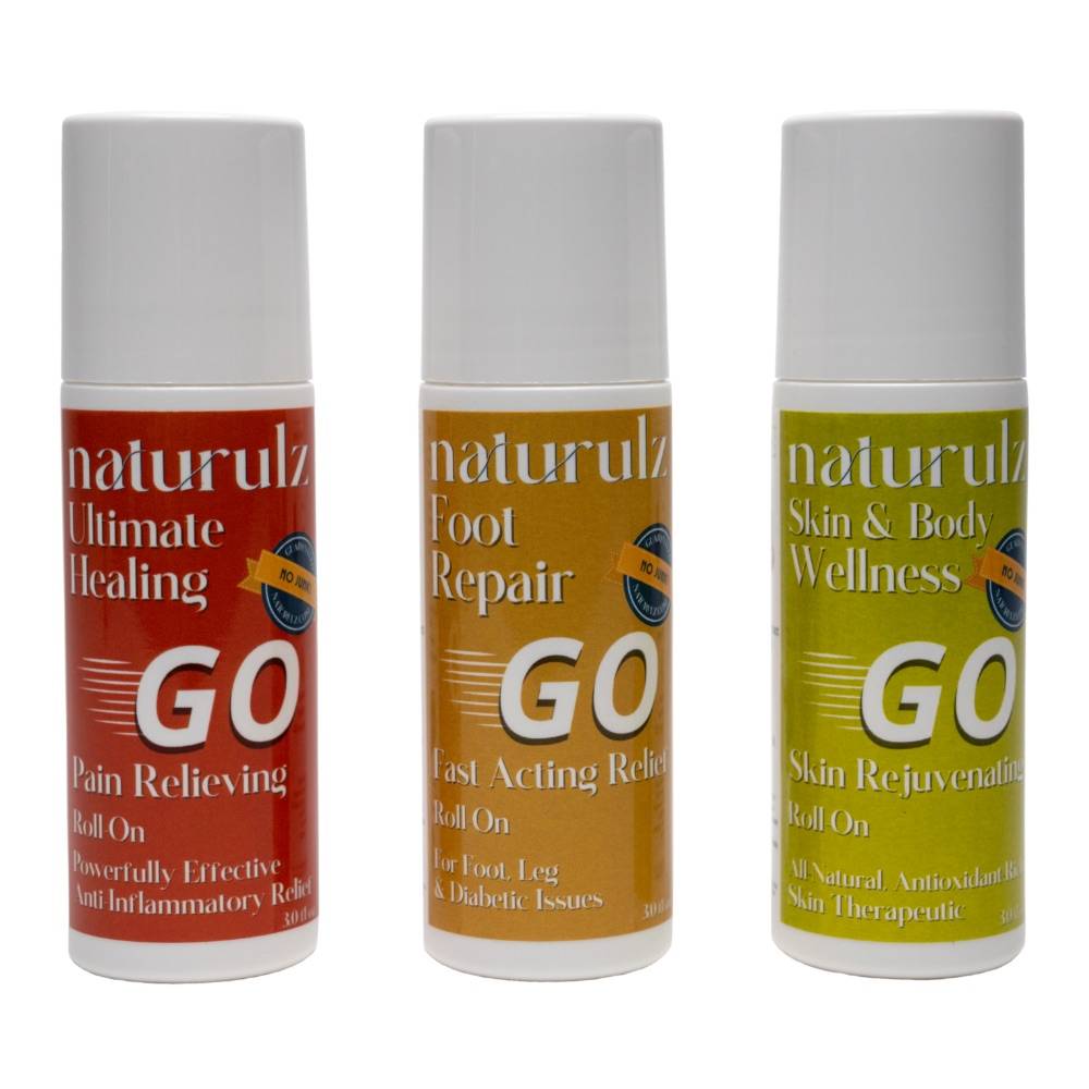 Three bottles of natural body care products.