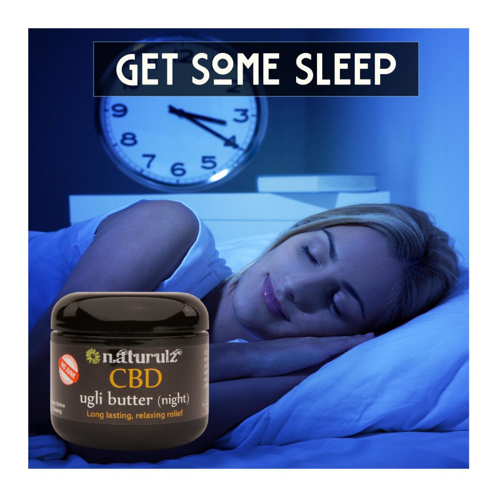 A woman sleeping deeply with a jar of Ugli Butter Night CBD for deep, restful sleep HEMP based-relief