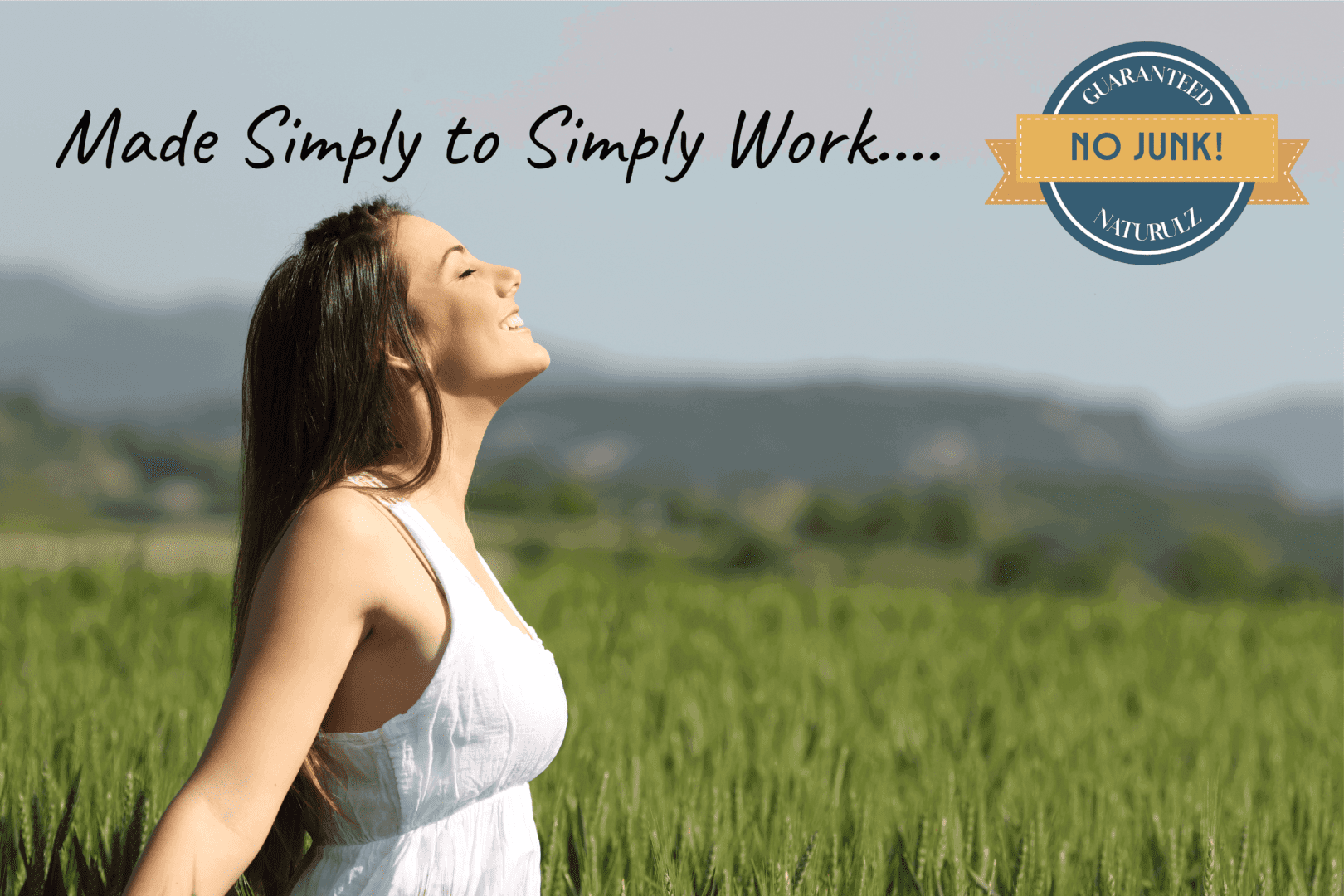 Woman breathing fresh air in field.